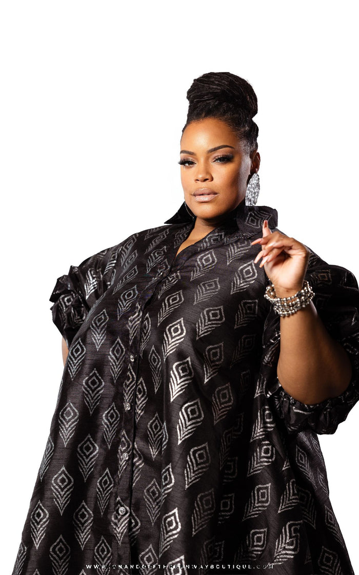 A Lil Jazzy Shirt Dress | Black W/Silver | Review Description & Return Policy