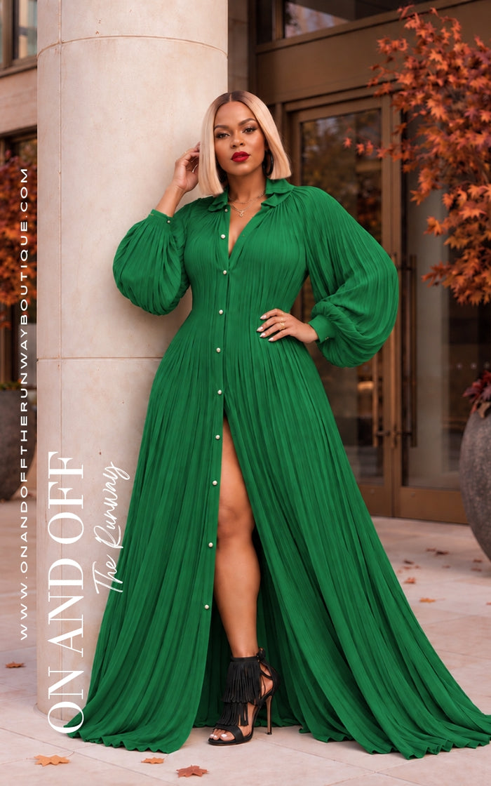 The Pleated Maxi Dress | Green | Review Description & Return Policy
