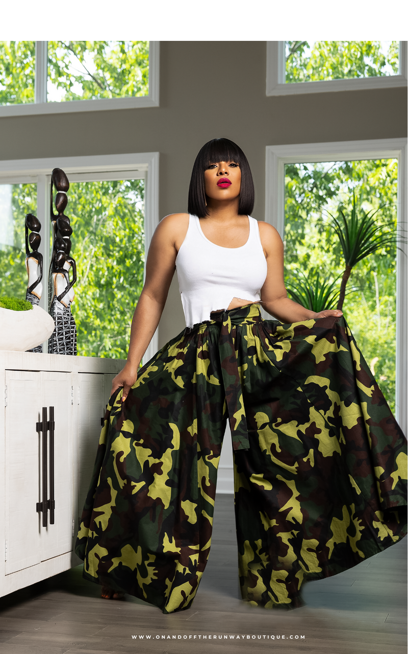 Wide Leg Camo Trousers | Pants | Review Description & Return Policy