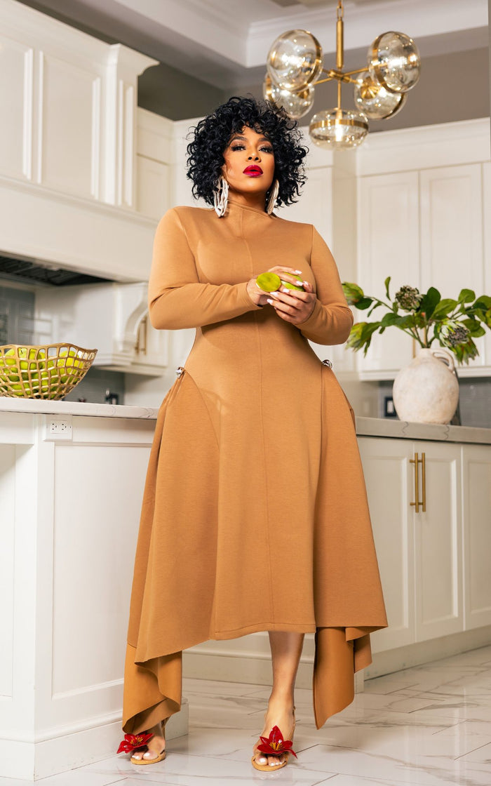Modest With An Asymmetrical Twist | Caramel - Pre Order | Review Description & Return Policy