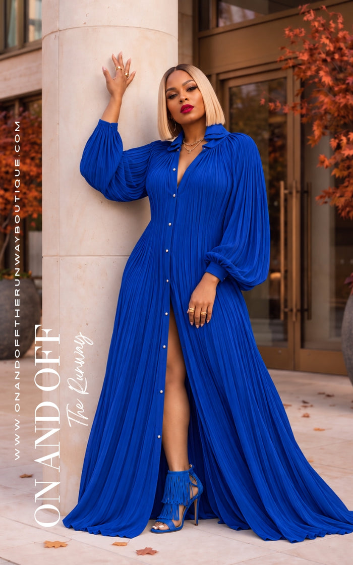 The Pleated Maxi Dress | Royal Blue | Review Description & Return Policy