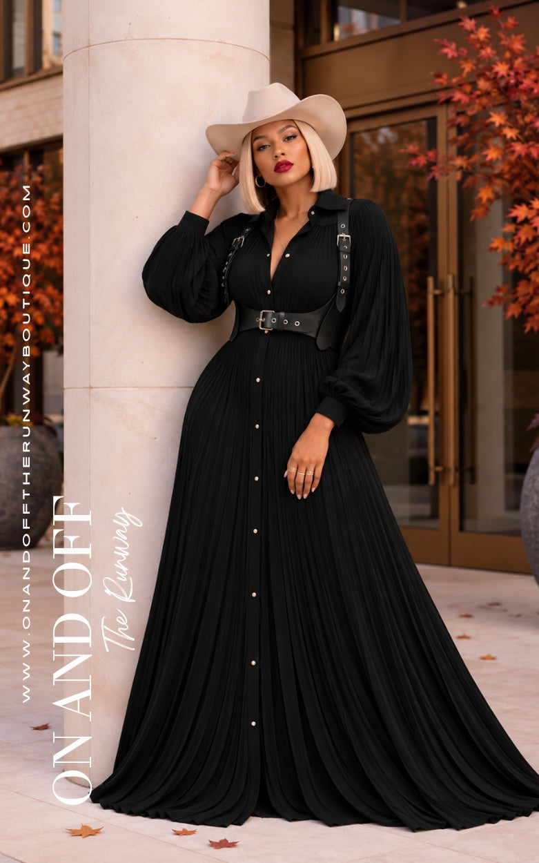 The Pleated Maxi Dress | BLACK | Review Description & Return Policy
